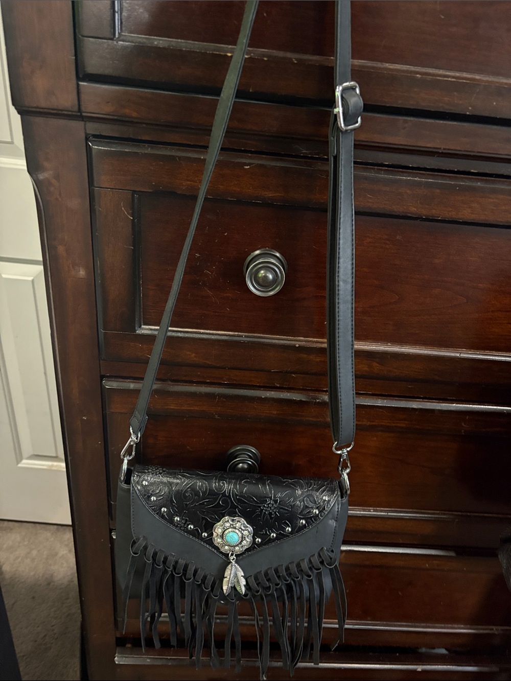 Black Fringe Crossbody Bag with Turquoise Accent